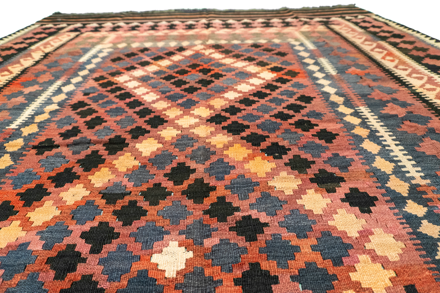 W 6.7 L 9.3 Kilim 100% Wool Hand-Woven Geometric Design - 55545