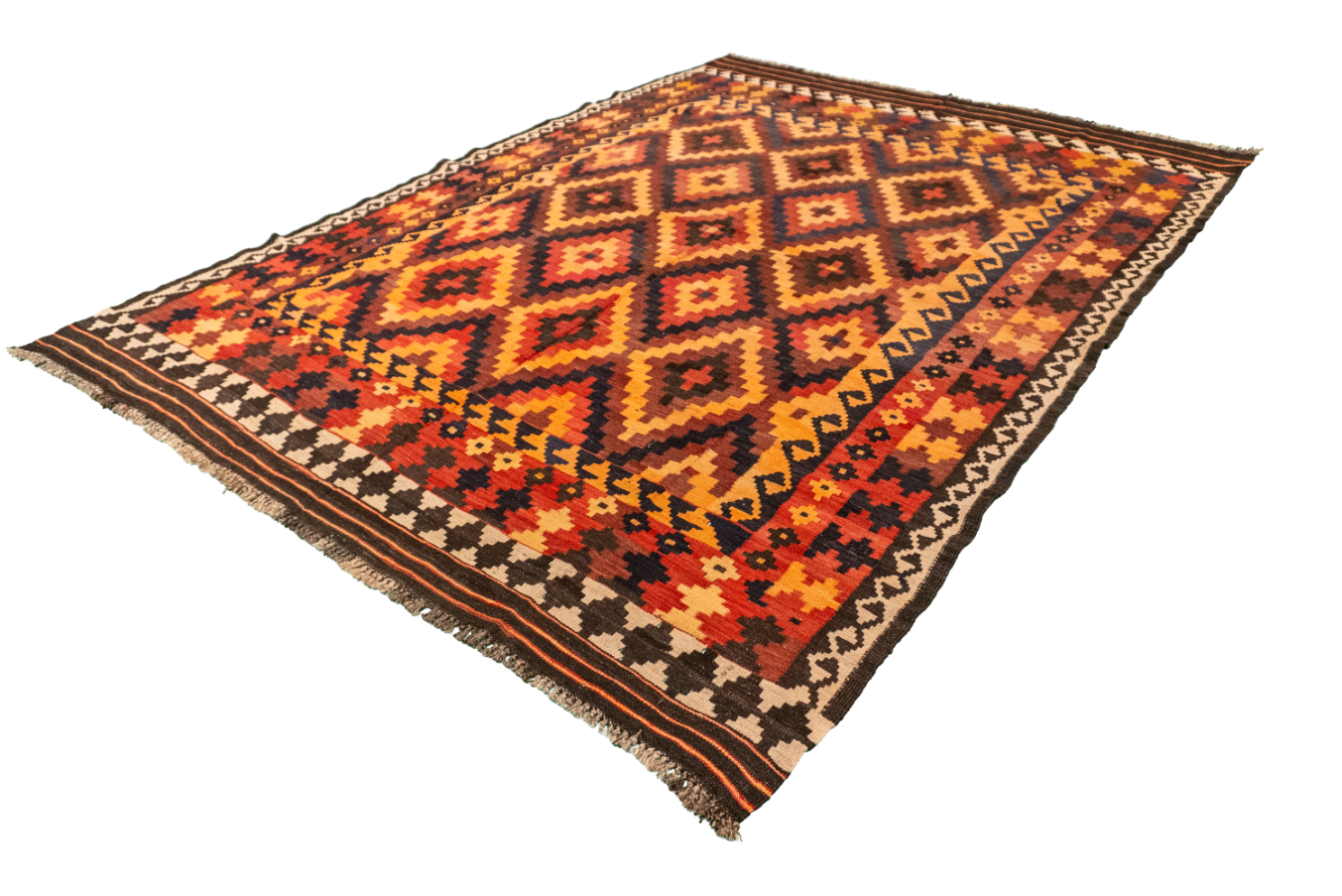 W 6.7 L 9 Kilim 100% Wool Hand-Woven Geometric Design - 55564