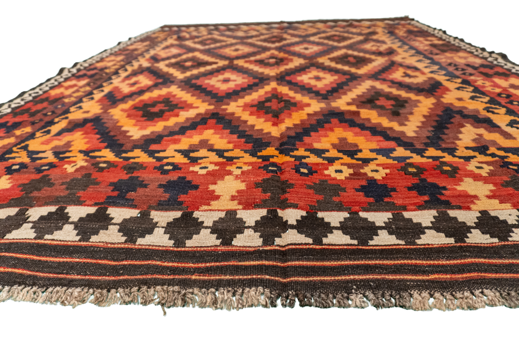 W 6.7 L 9 Kilim 100% Wool Hand-Woven Geometric Design - 55564