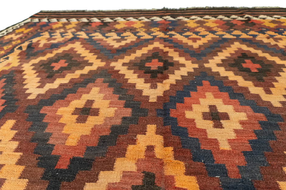 W 6.7 L 9 Kilim 100% Wool Hand-Woven Geometric Design - 55564