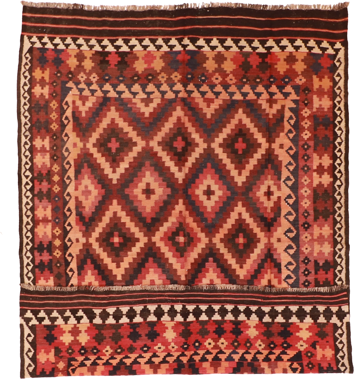 W 6.7 L 9 Kilim 100% Wool Hand-Woven Geometric Design - 55564