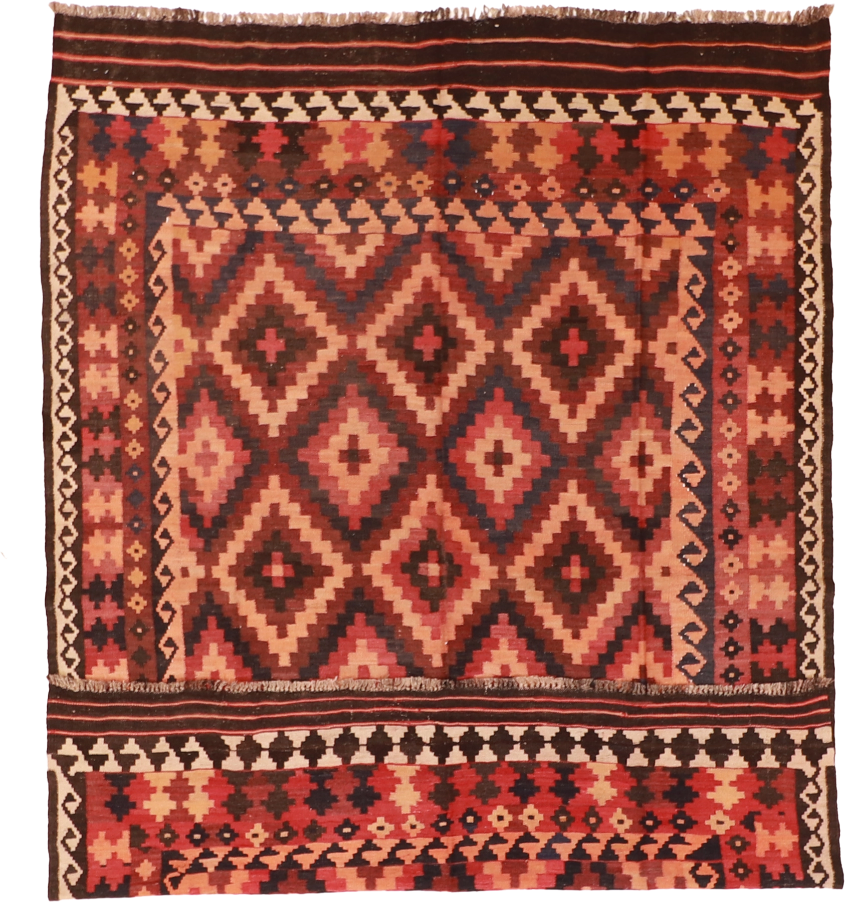 W 6.7 L 9 Kilim 100% Wool Hand-Woven Geometric Design - 55564