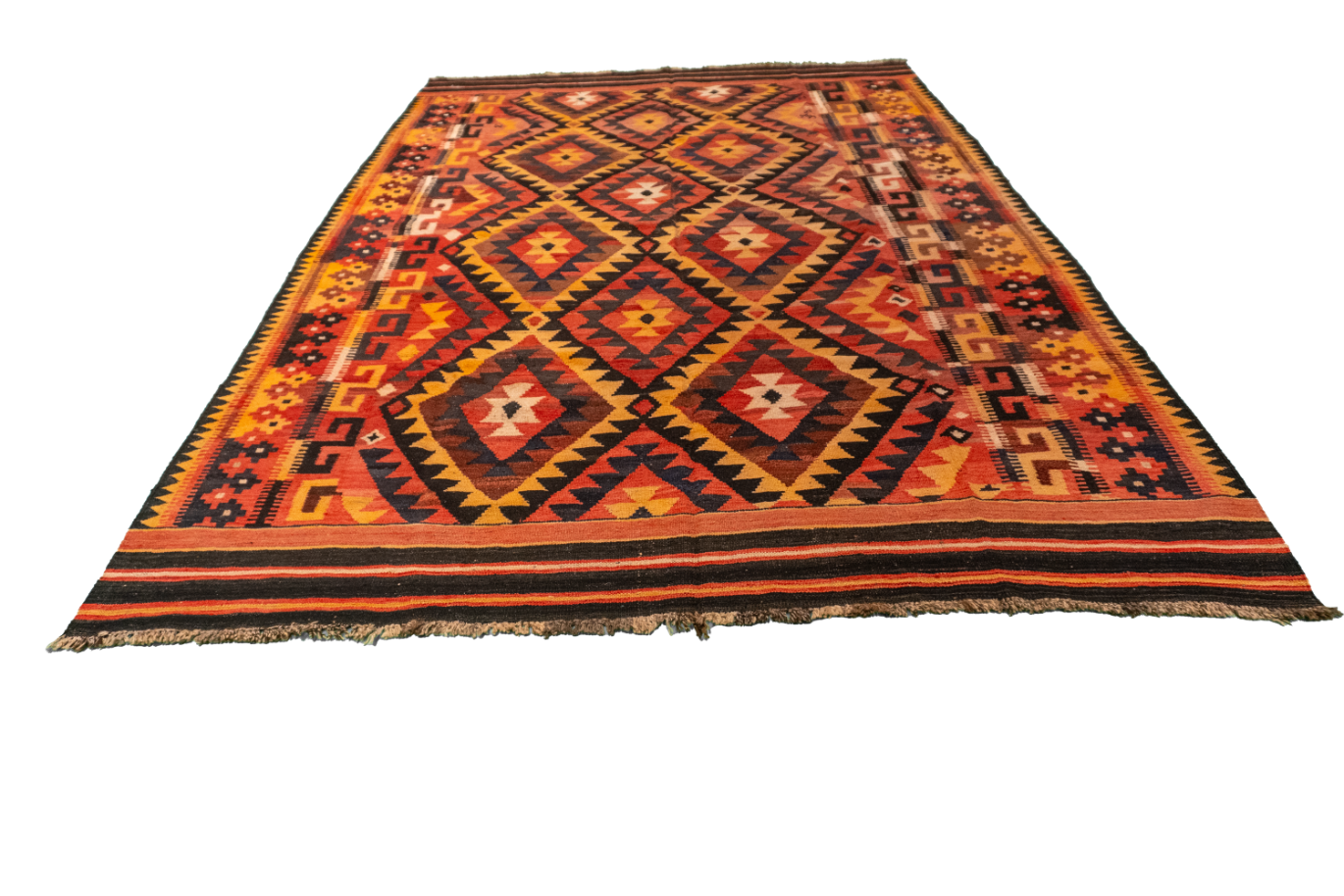 W 6.5 L 9.4 Kilim 100% Wool Hand-Woven Geometric Design - 55565