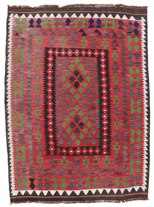 4 x 5.8 - Kilim Wool Geometric Rectangle - Finest Hand-Knotted Quality Wool — 55591