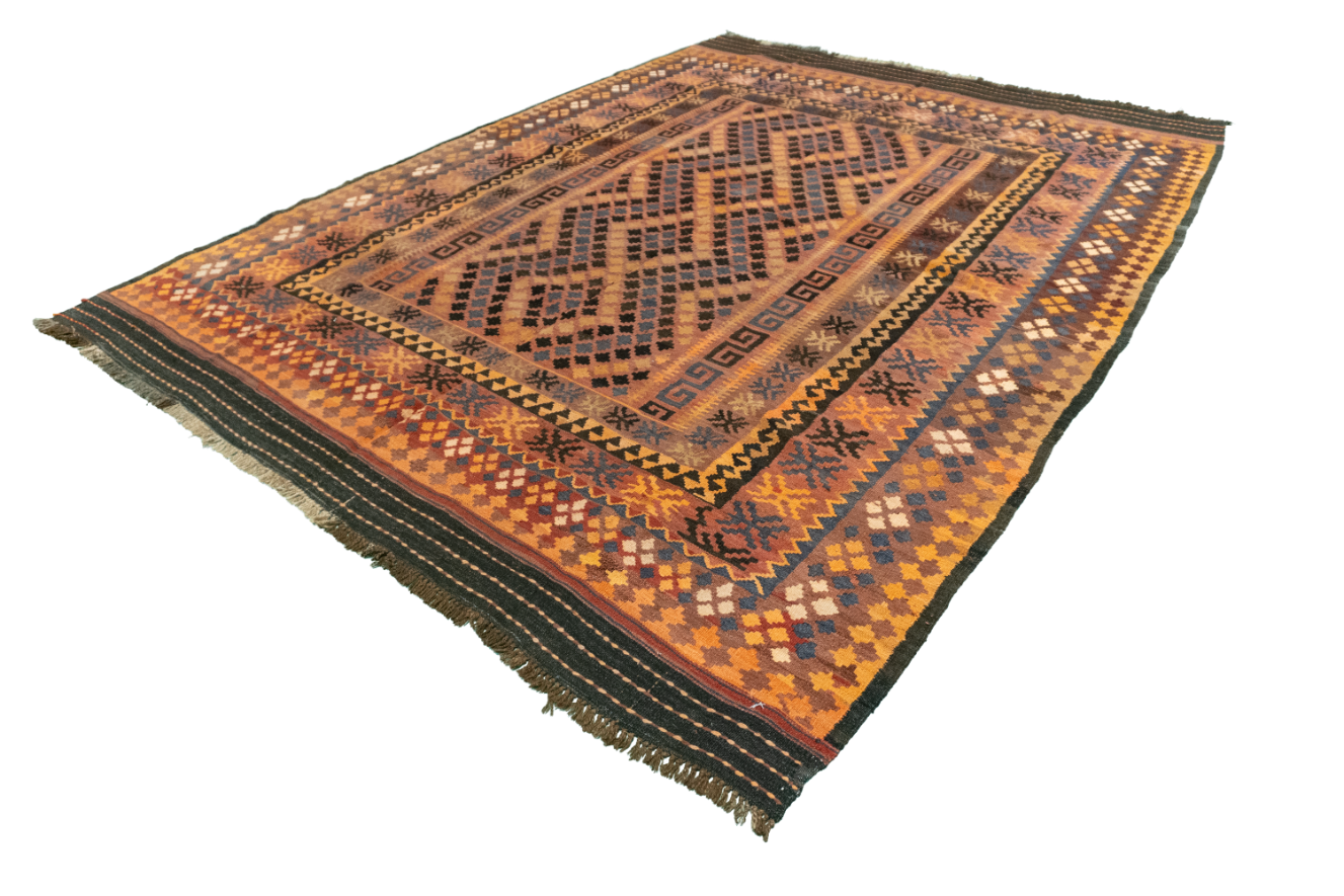W 6.11 L 9.4 Kilim 100% Wool Hand-Woven Geometric Design - 55600