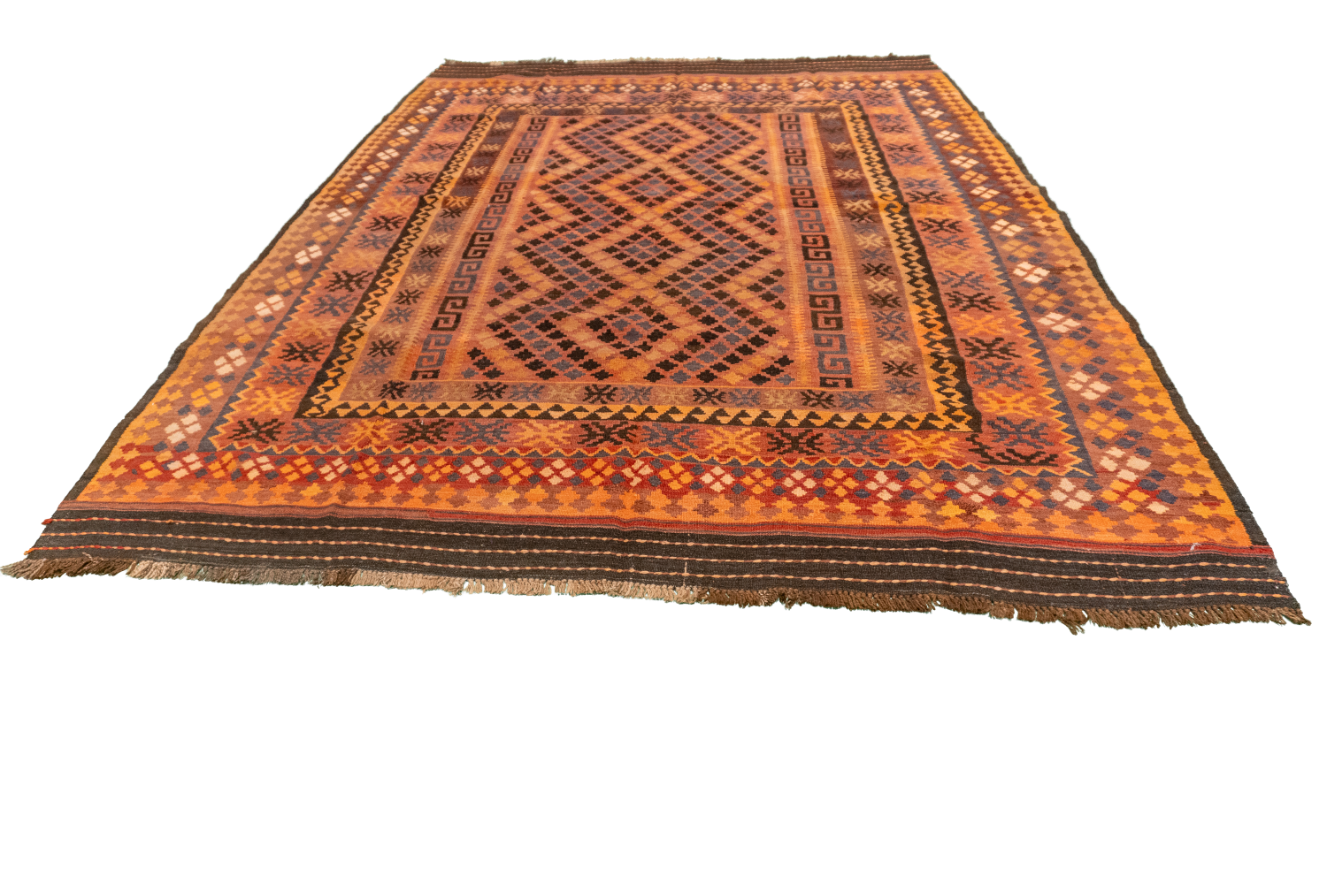 W 6.11 L 9.4 Kilim 100% Wool Hand-Woven Geometric Design - 55600