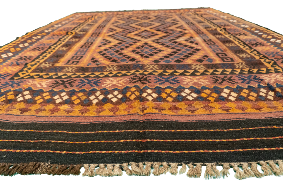W 6.11 L 9.4 Kilim 100% Wool Hand-Woven Geometric Design - 55600