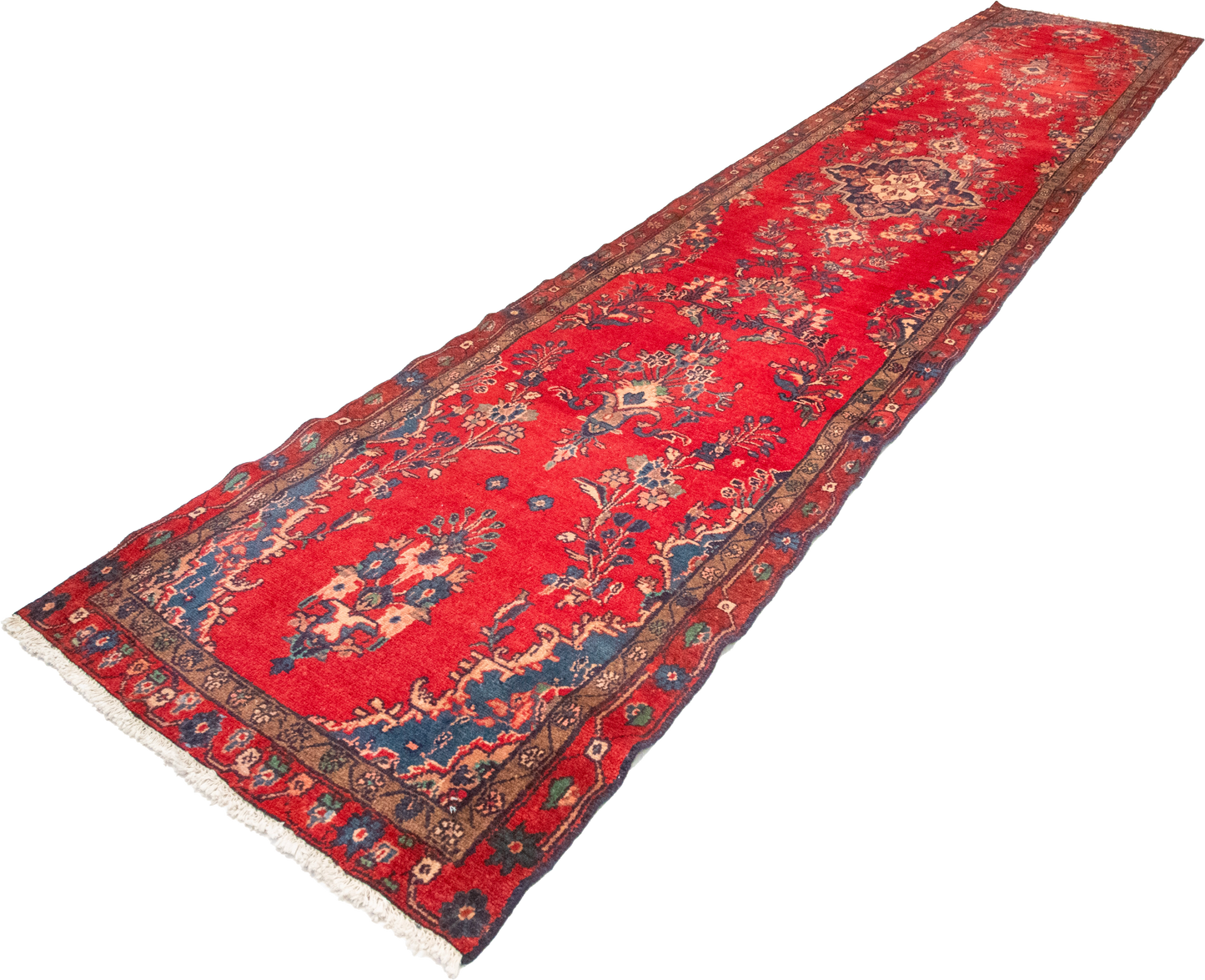 W 3.5 L 16.6 Hamadan Runner 100% Wool Hand-Woven Floral Design - 55814
