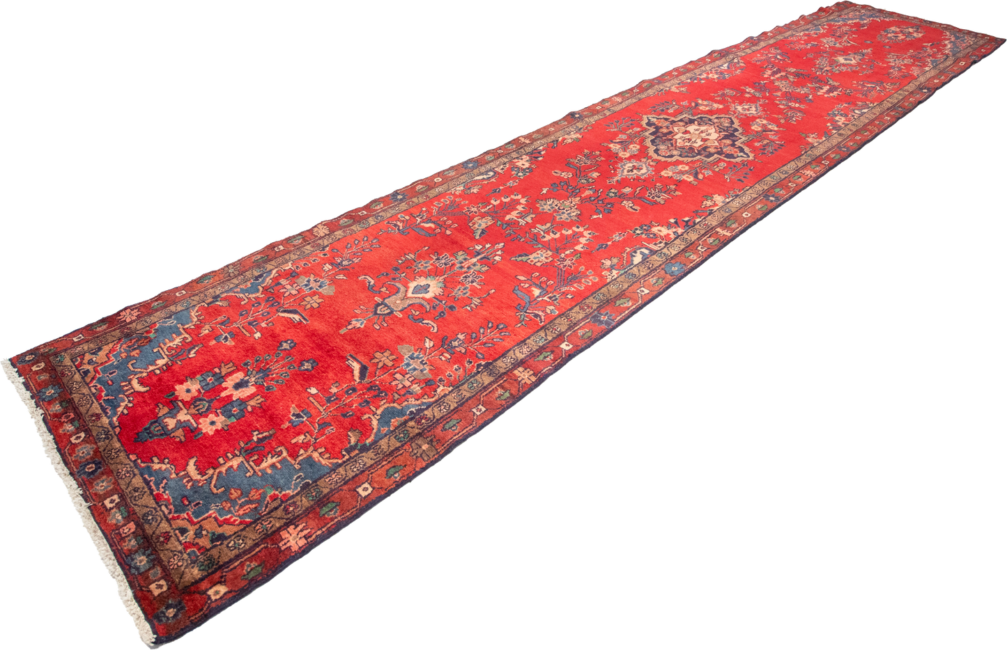 W 3.5 L 16.6 Hamadan Runner 100% Wool Hand-Woven Floral Design - 55814