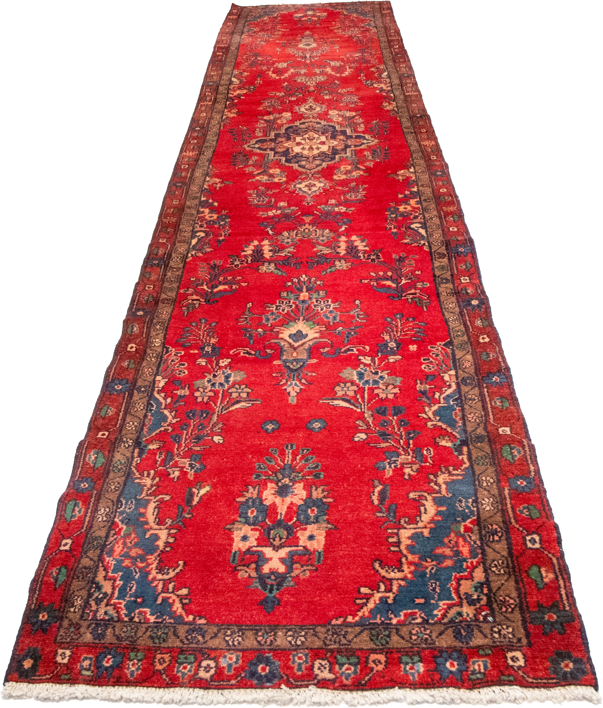 W 3.5 L 16.6 Hamadan Runner 100% Wool Hand-Woven Floral Design - 55814