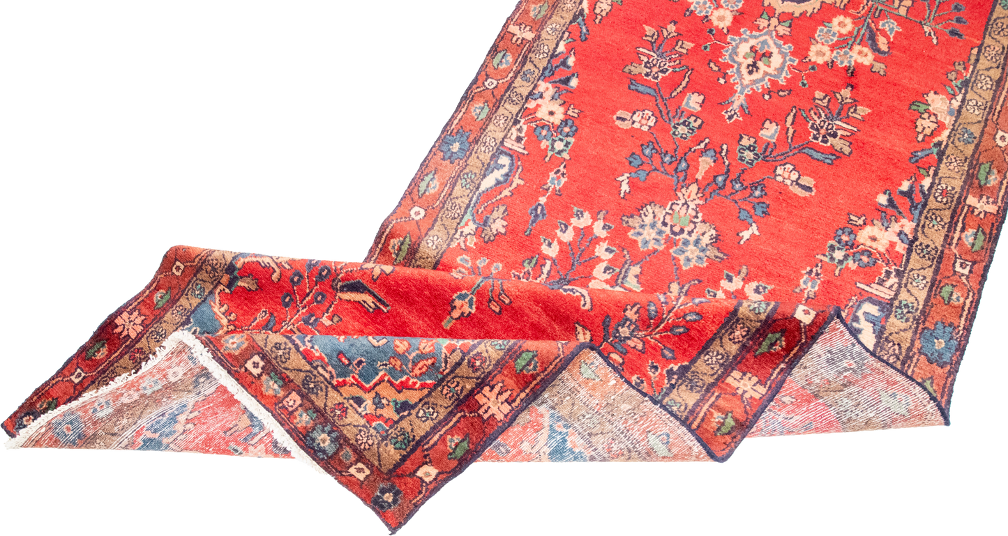 W 3.5 L 16.6 Hamadan Runner 100% Wool Hand-Woven Floral Design - 55814