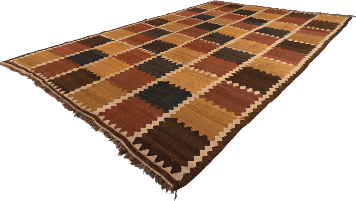 W 9.3 - L 14.6 - Kilim Wool Geometric Rectangle - Finest Hand-Made Quality Wool - 55861