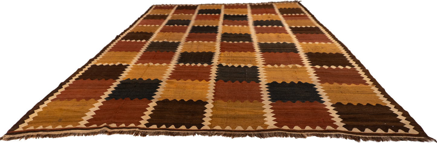 W 9.3 - L 14.6 - Kilim Wool Geometric Rectangle - Finest Hand-Made Quality Wool - 55861