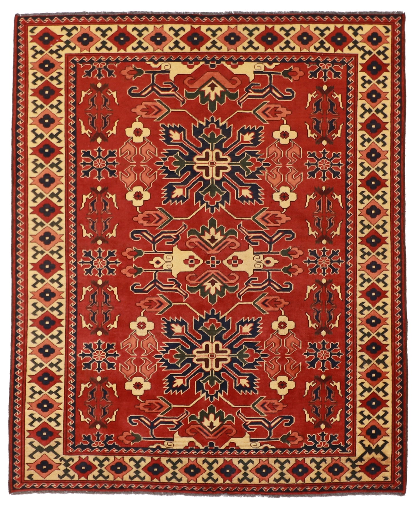W 5.2 L 6.6 Star Kazak 100% Wool Hand-Woven Geometric Design - 56180