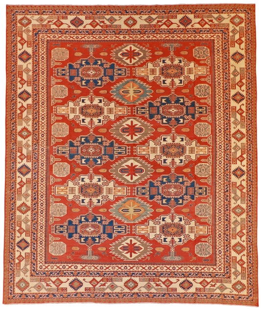 W 9.5 L 11.1 Kazak 100% Wool Hand-Woven Geometric Design - 56208