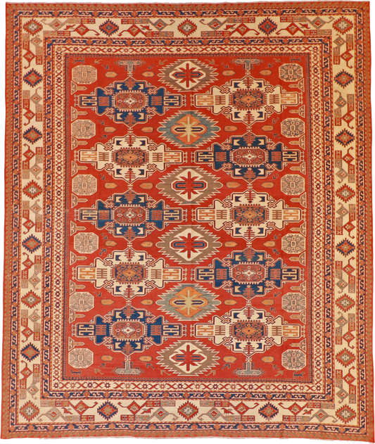 W 9.5 L 11.1 Kazak 100% Wool Hand-Woven Geometric Design - 56208