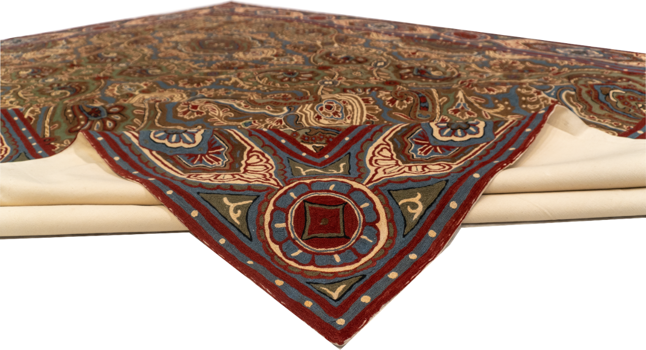 W 9 L 12.4 Chainstich 100% Wool Hand-Woven Floral Design - 56944