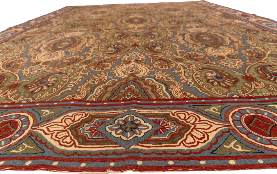 W 9 L 12.4 Chainstich 100% Wool Hand-Woven Floral Design - 56944