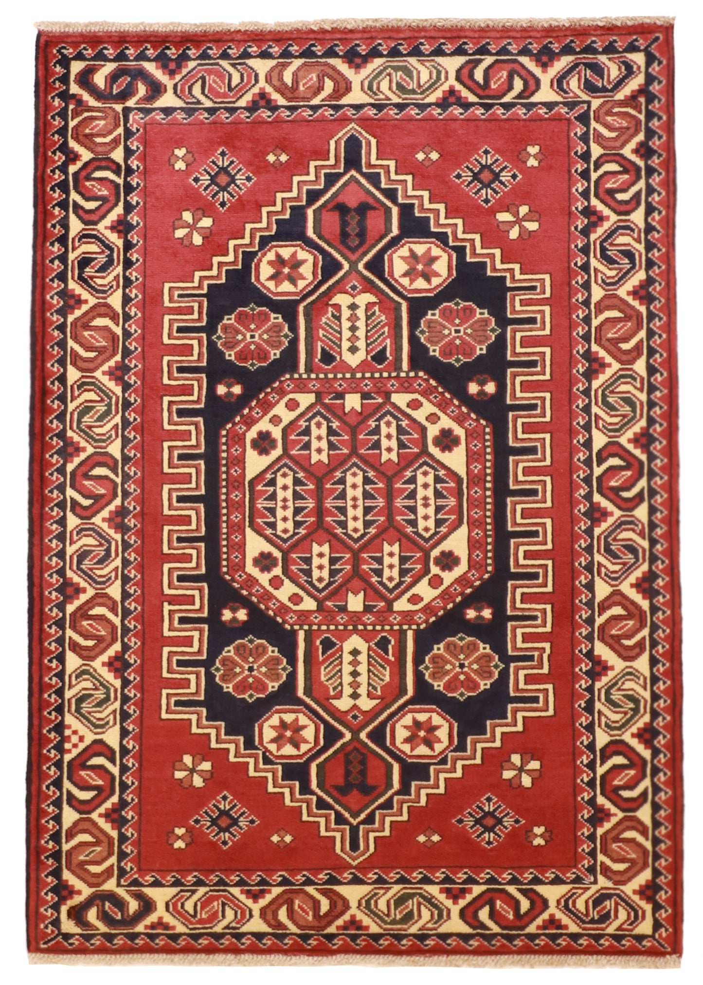 W 3.4 L 4.8 Kazak 100% Wool Hand-Woven Geometric Design - 57092