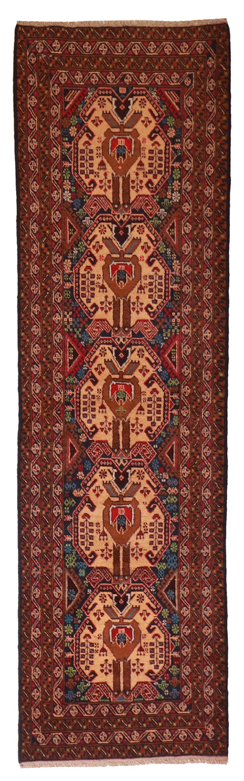W 2.9 L 9.6 Baluch Runner 100% Wool Handmade Afghanistan All Over Design - 57123