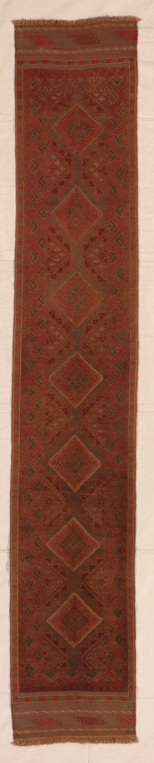 W 2.2 L 12.2 Baluch Runner 100% Wool Handmade Afghanistan Geometric Design - 57131