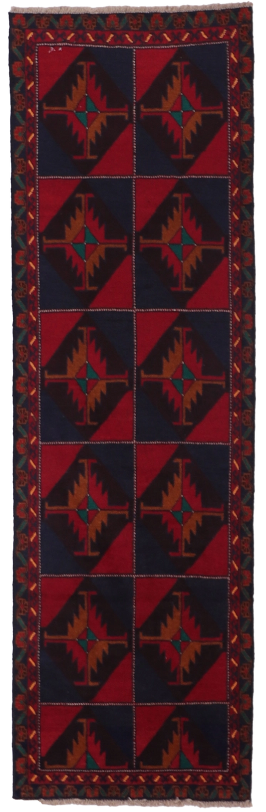 W 2.8 L 8.8 Baluch Runner 100% Wool Hand-Woven Geometric Design - 57136