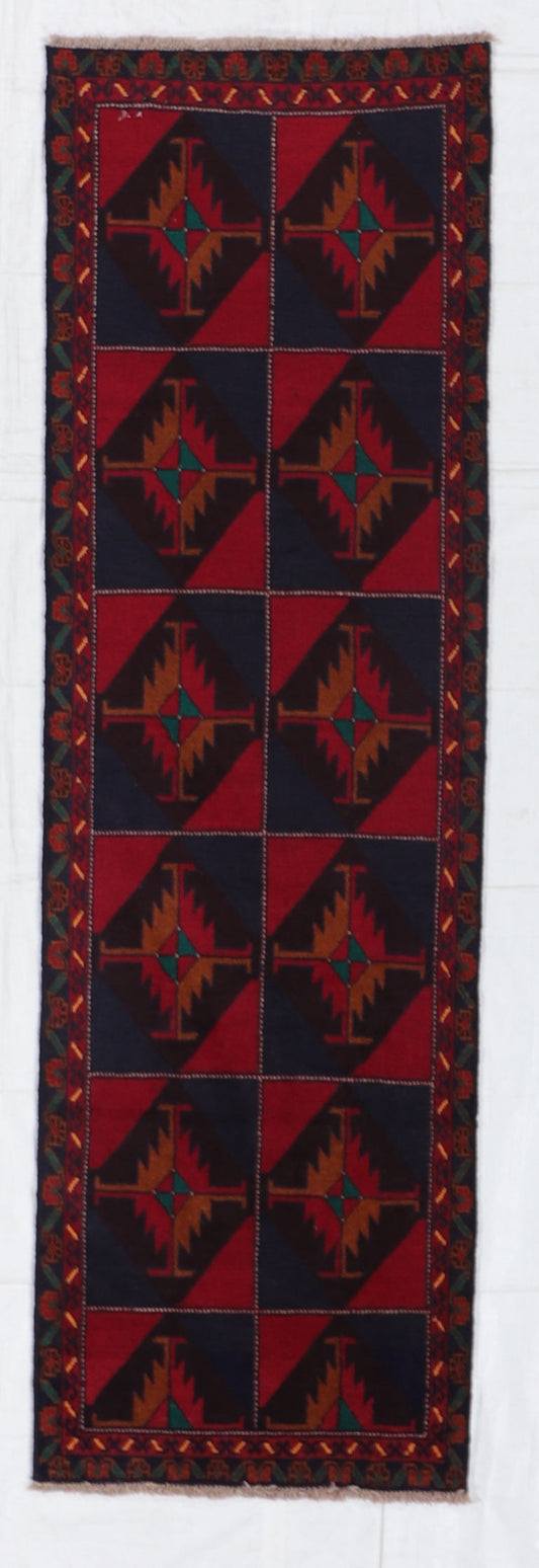 W 2.8 L 8.8 Baluch Runner 100% Wool Hand-Woven Geometric Design - 57136