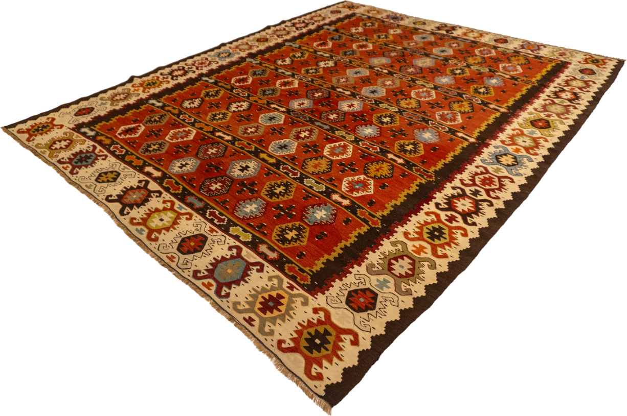 W 7 L 8.8 Kilim 100% Wool Hand-Woven Geometric Design - 57306
