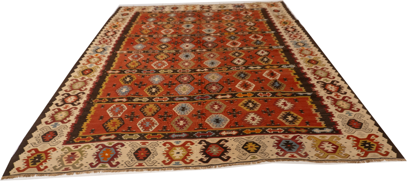 W 7 L 8.8 Kilim 100% Wool Hand-Woven Geometric Design - 57306