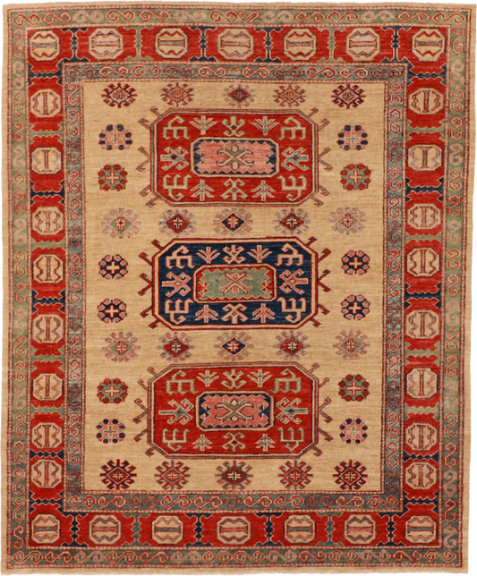 W 4 L 6 Kazak 100% Wool Hand-Woven Geometric Design - 57598