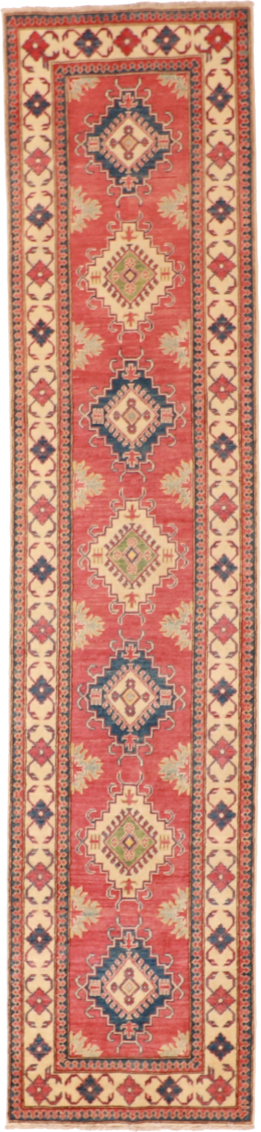 W 2.10 L 12.8 Kazak Runner 100% Wool Hand-Woven Geometric Design - 57681