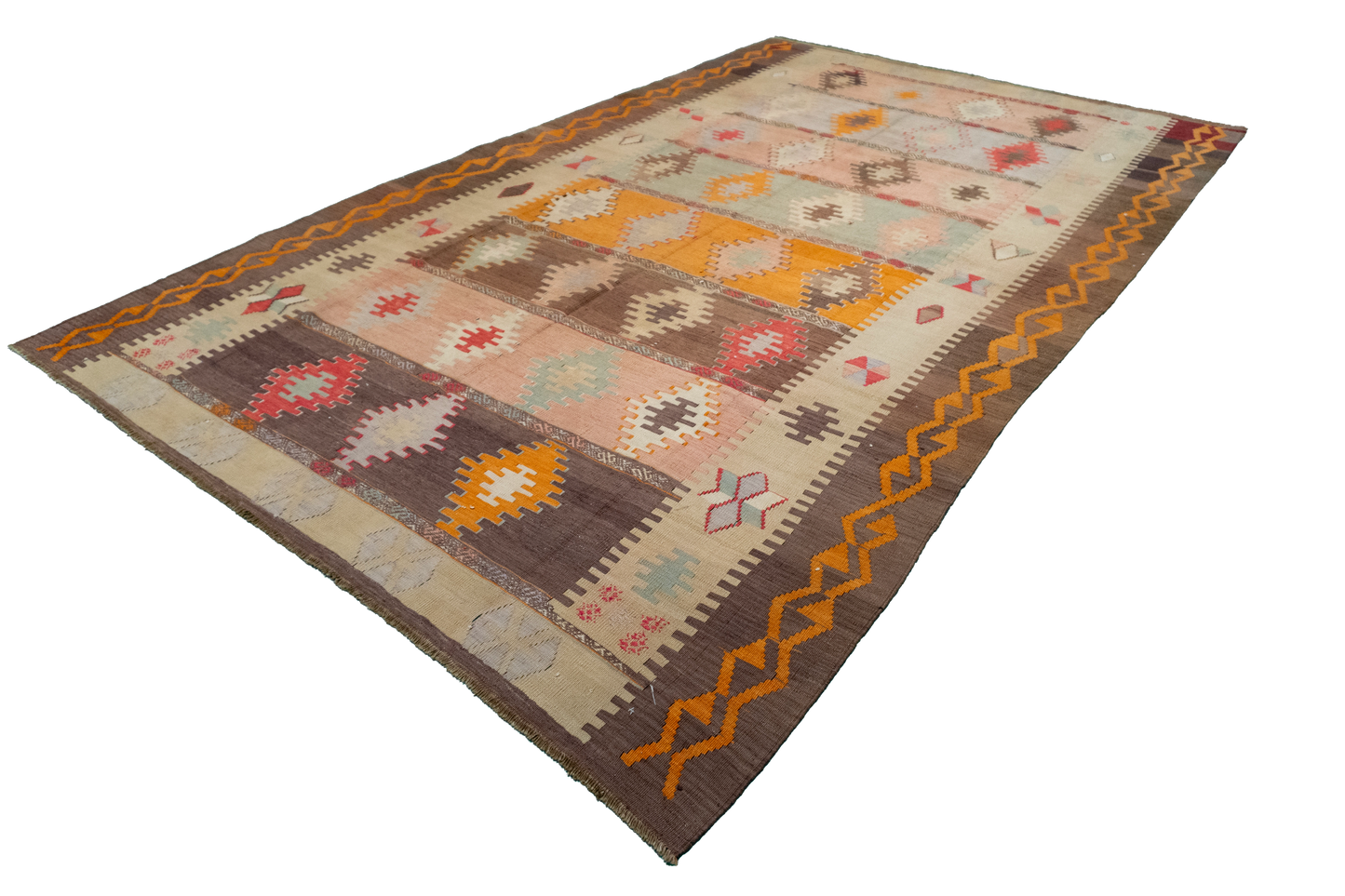 W 6.5 L 10.4 Kilim 100% Wool Hand-Woven Geometric Design - 58349