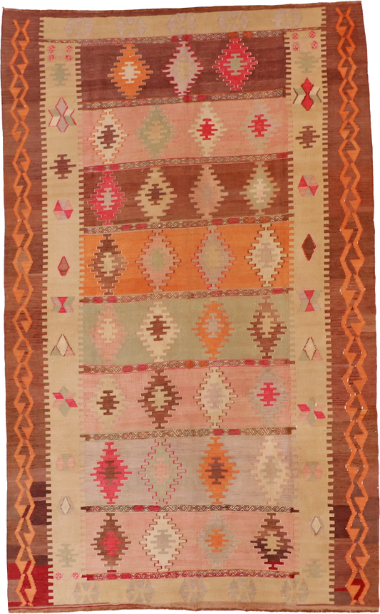 W 6.5 L 10.4 Kilim 100% Wool Hand-Woven Geometric Design - 58349