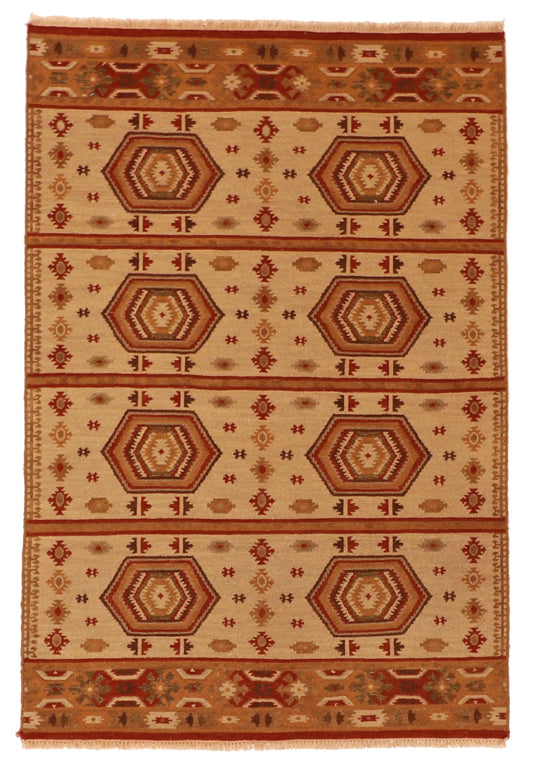 4 x 6 - Nanango Fine/Wool Geometric Rectangle - Finest Hand-Knotted Quality Wool — 58672