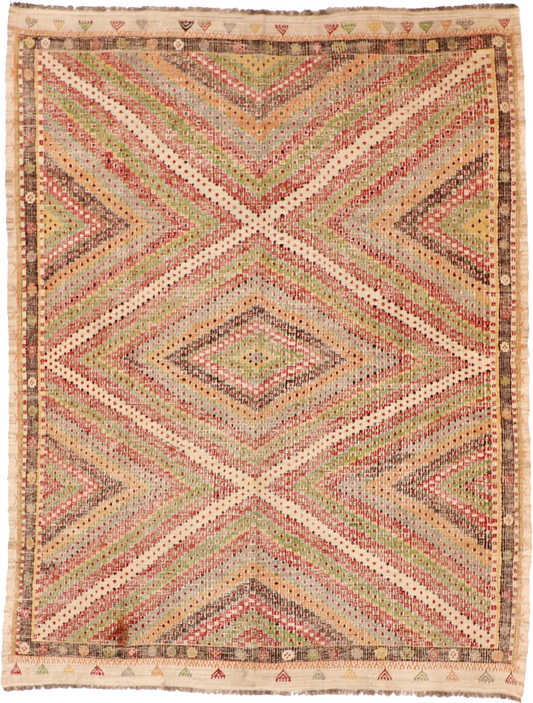 W 6.9 L 8.11 Kilim 100% Wool Hand-Woven Geometric Design - 58854