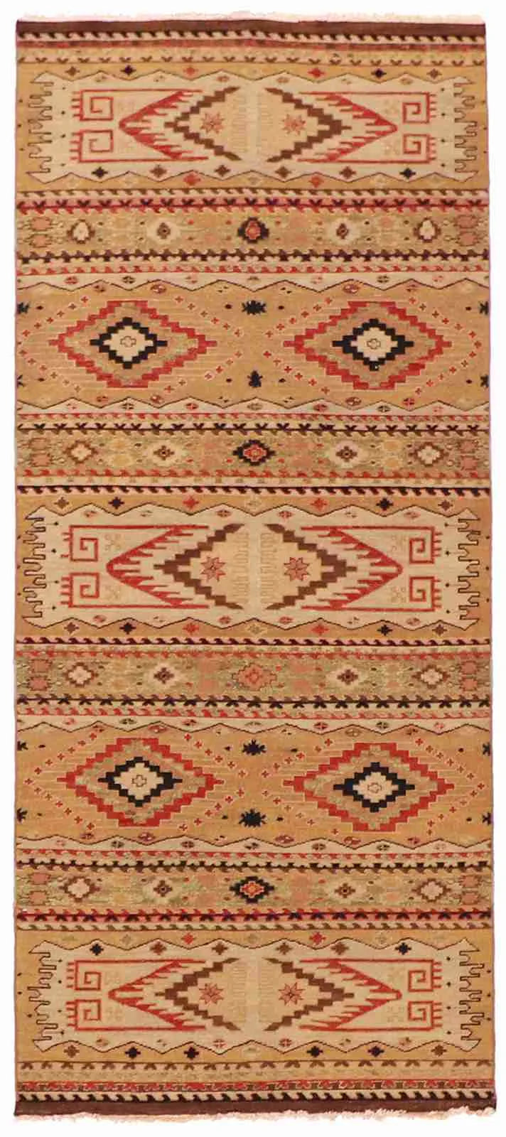 W 4.1 - L 12 - Navajo Fine/Wool Geometric Rectangle - Finest Hand-Knotted Quality Wool - 59379