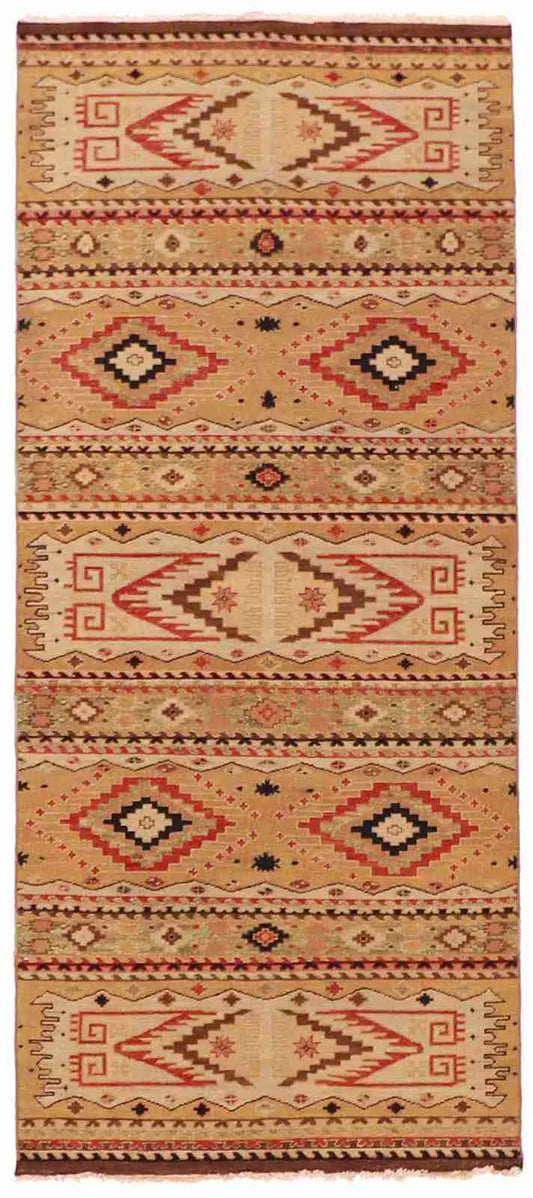 W 4.1 - L 12 - Navajo Fine/Wool Geometric Rectangle - Finest Hand-Knotted Quality Wool - 59379
