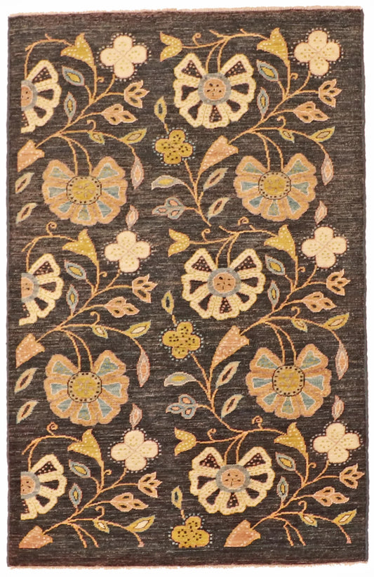 W 3.2 - L 4.10 - Modern Wool Floral Rectangle - Finest Hand-Knotted Quality Wool - 59932
