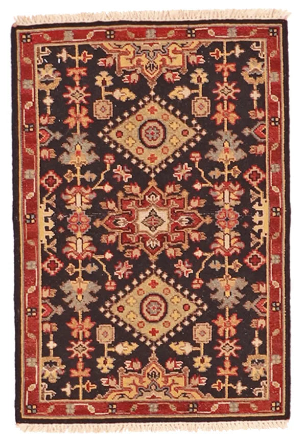 2 x 3 - Karajeh Fine/Wool Geometric Rectangle - Finest Hand-Knotted Quality Wool — 59990