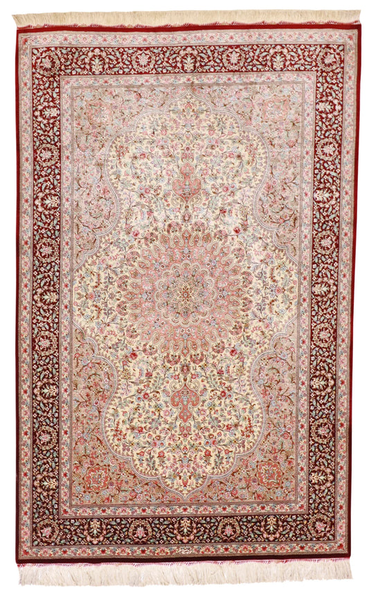 4.2 x 6.6 - Qum Fine/Silk Floral Rectangle - Finest Hand-Knotted Quality Wool — 60091
