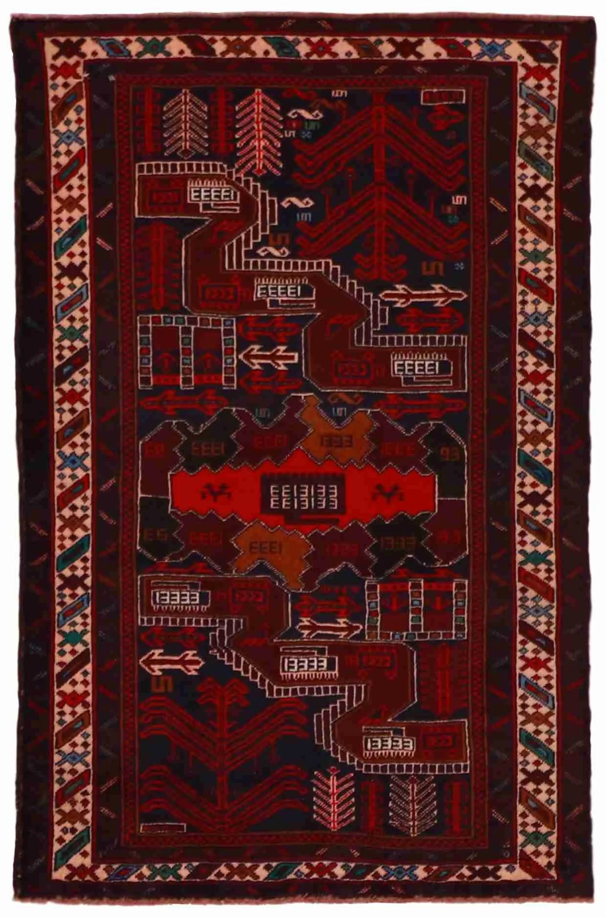 3 x 4.6 - Baluch Wool Geometric Rectangle - Finest Hand-Knotted Quality Wool — 60455