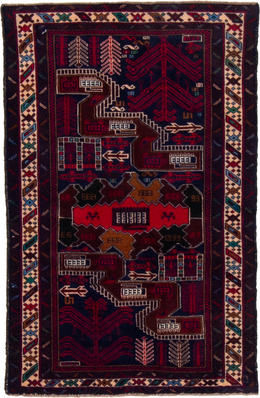 W 3 L 4.6 Baluch 100% Wool Hand-Woven All-Over Design - 60455