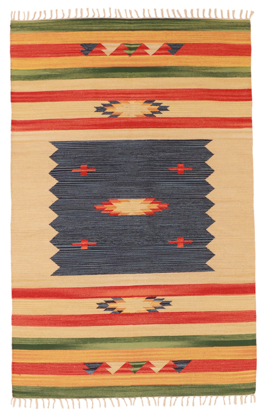 W 4 L 6 Kilim 100% Wool Hand-Woven Geometric Design - 60508