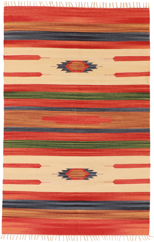 W 4 L 6 Kilim 100% Wool Hand-Woven Geometric Design - 60513