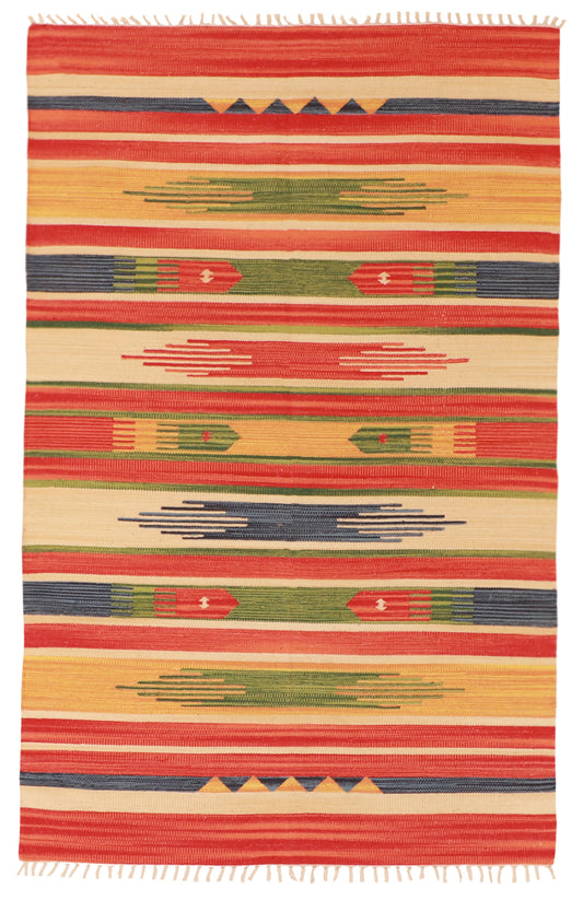 W 4 L 6 Kilim 100% Wool Hand-Woven Geometric Design - 60526