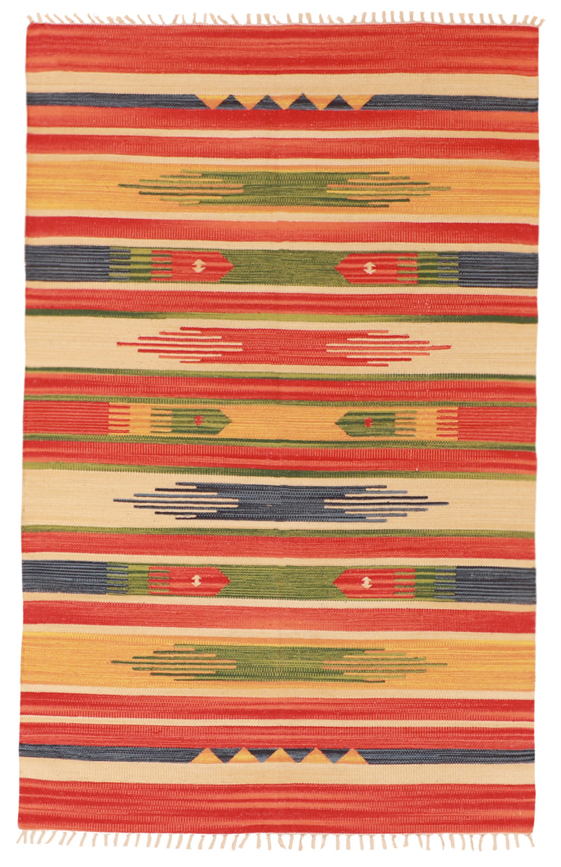 W 4 L 6 Kilim 100% Wool Hand-Woven Geometric Design - 60526