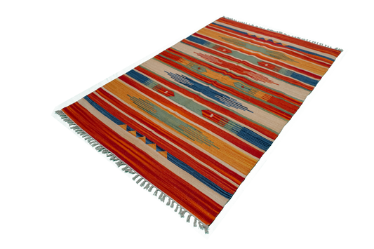 W 4 L 6 Kilim 100% Wool Hand-Woven Geometric Design - 60526