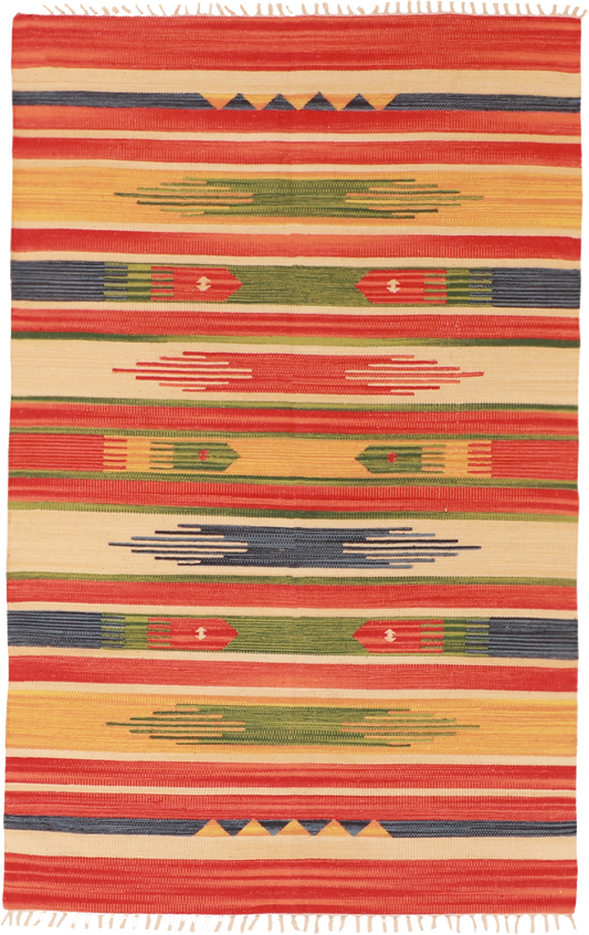 W 4 L 6 Kilim 100% Wool Hand-Woven Geometric Design Rug - 60526
