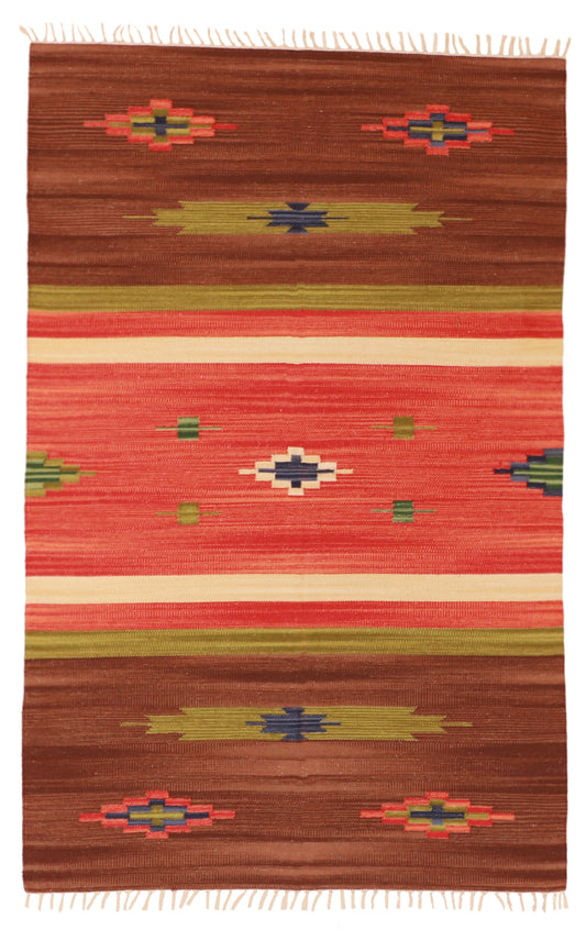 W 4 L 6 Kilim 100% Wool Hand-Woven Geometric Design - 60527