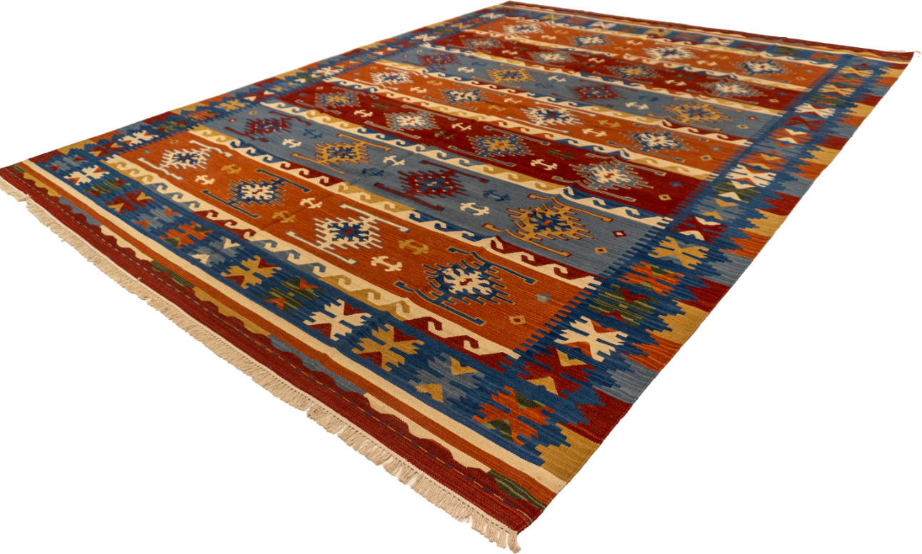 W 9 L 12 Kilim 100% Wool Hand-Woven Geometric Design - 60537